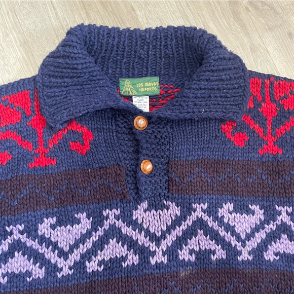 Pure Wool 1/4 Button Sweater, One Size, Warm, Fall, Outdoor, Knit, Blue, Red - Picture 5 of 8